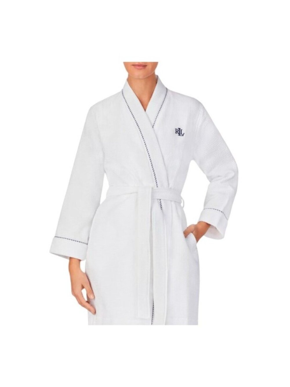 Lauren Ralph Lauren Cotton Waffle Robe Women's XS White Embroidered Logo Belted